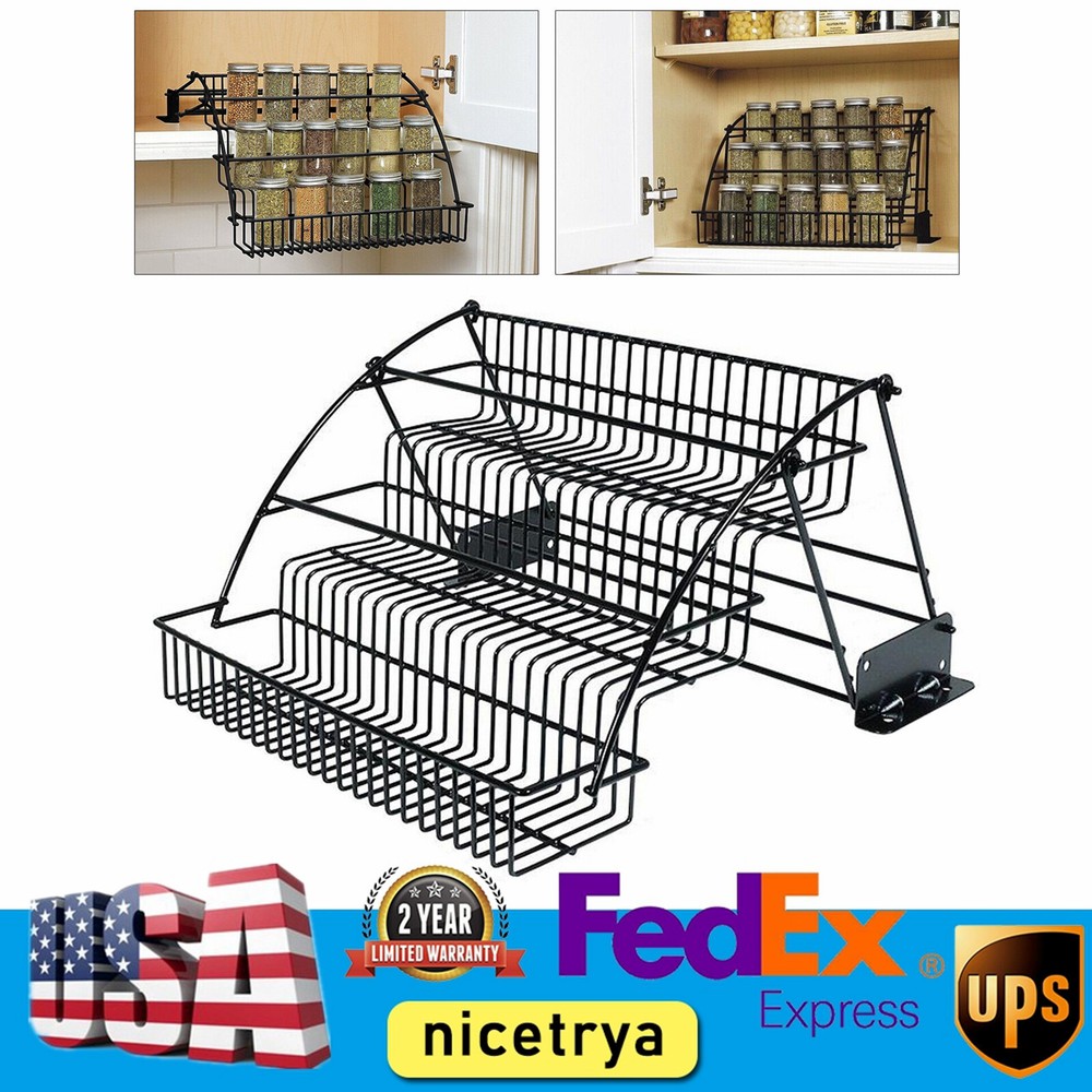 3-Tier Pull-Down Spice Rack Organizer - Metal Kitchen Cabinet Storage Shelf