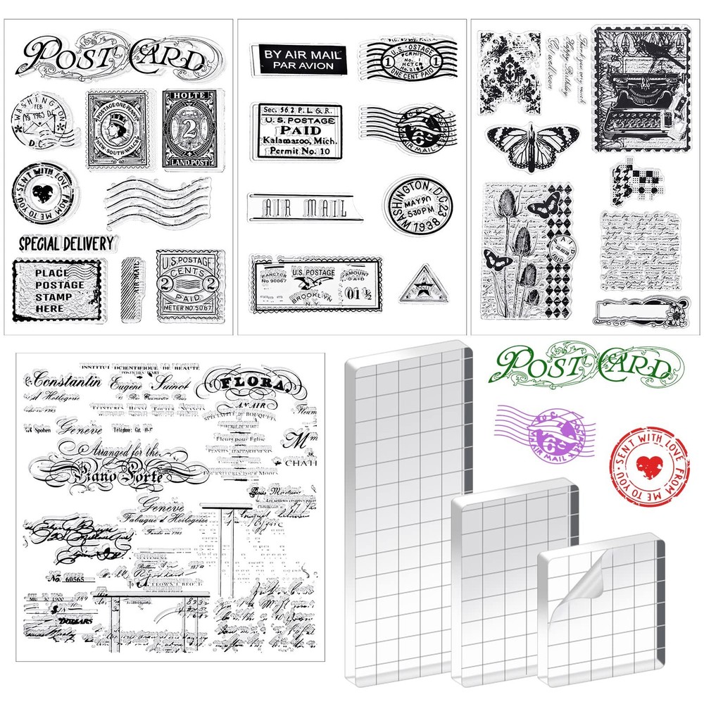 Yinder 7 Pcs Vintage Rubber Clear Stamps Set 4 Sheet Transparent Postage Sili...