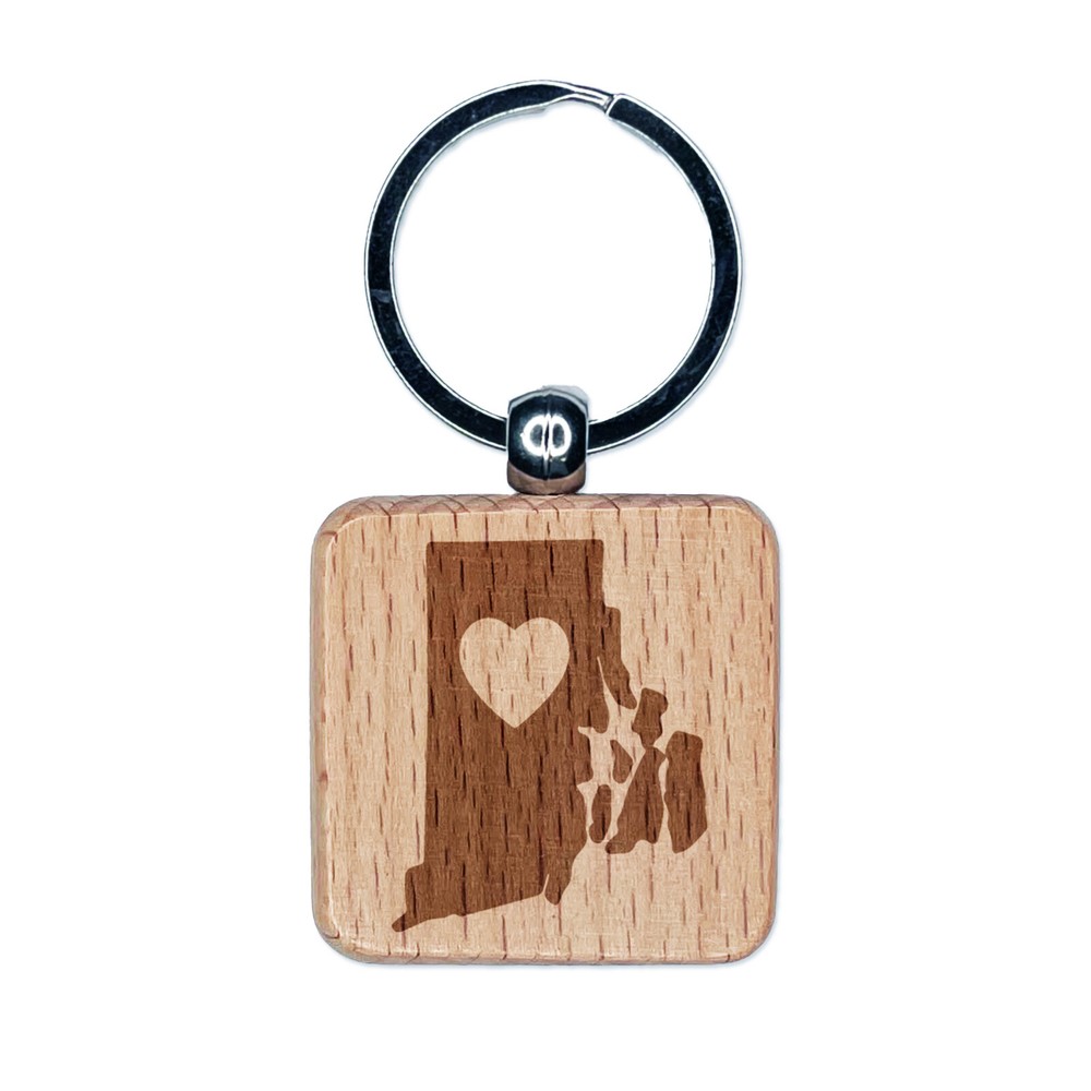 Rhode Island State with Heart Engraved Wood Square Keychain Tag Charm