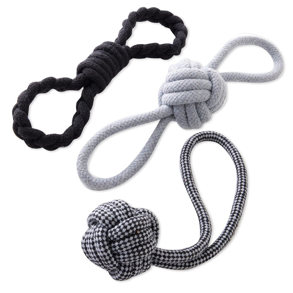 3-Pack Rope Pull Toys Durable Organic Cotton for Pets, Black/Gray, Size
