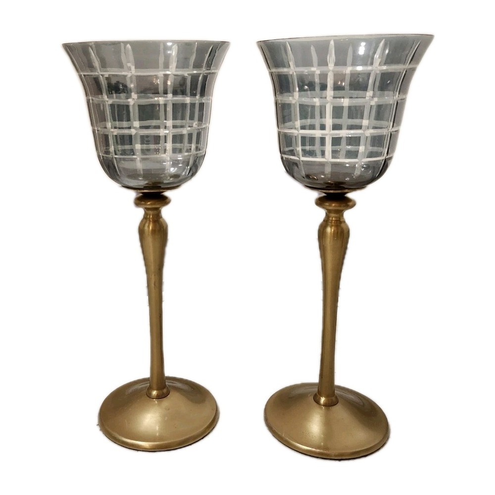 Elegant Set of 2 Smoky Glass Votive Candle Holders with Gold Base