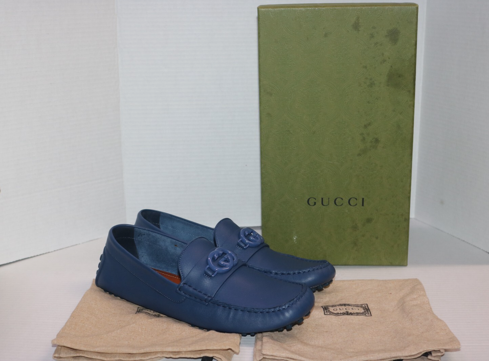 Gucci Interlocking G Driver Loafers Washed Indigo Blue Men Size 11