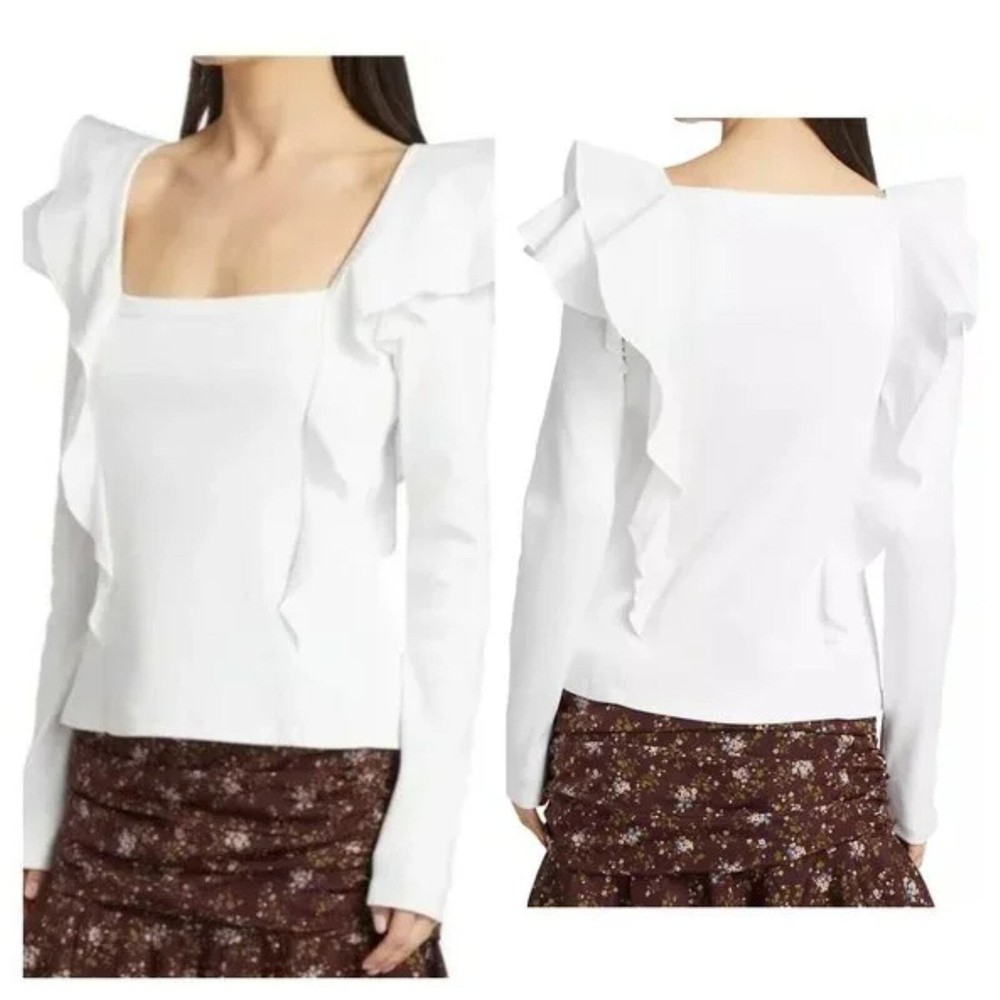 Veronica Beard Gidea Ruffle Long Sleeve Ribbed top LRG NWT 258 White