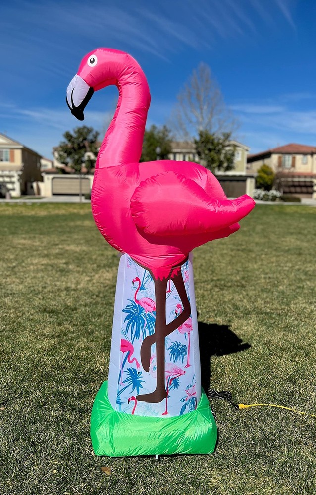 6 Foot Tall Giant Summer Party Inflatable Pink Flamingo Pre-Lit LED Lights Ou...