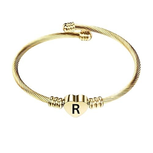 Stainless Steel Heart Word-R Bracelet Engraved Charm Bracelet for Women Golden