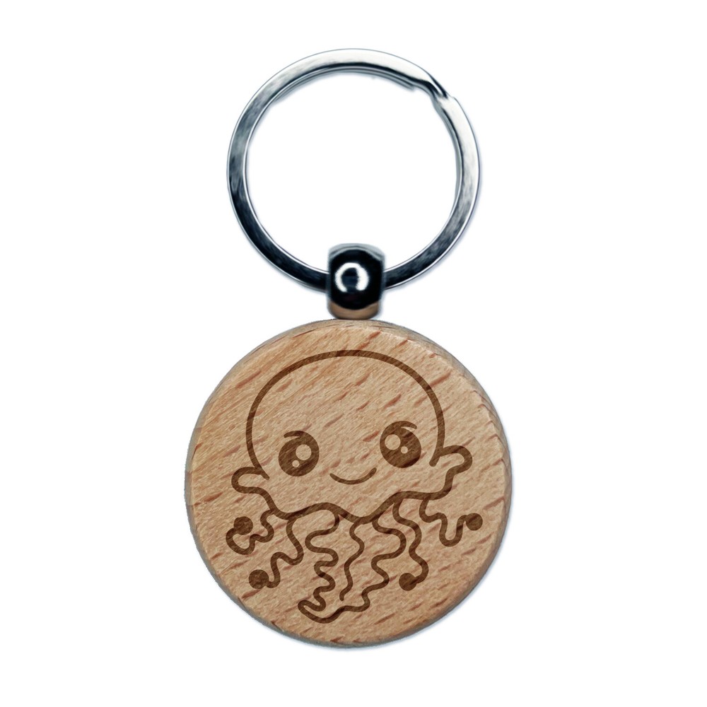 Kawaii Jellyfish Engraved Wood Round Keychain Tag Charm