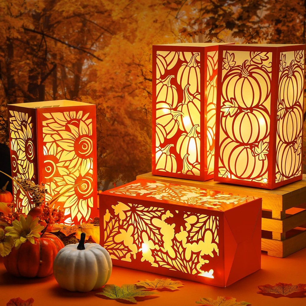 4 Pack Fall Lanterns Centerpieces Thanksgiving Paper Lanterns Boxes with LED ...