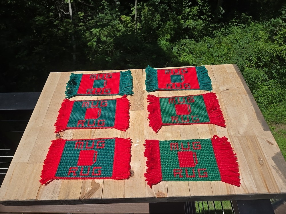 Vintage Set of 6 Handmade Needlepoint Mug Rugs Plastic Canvas Coasters