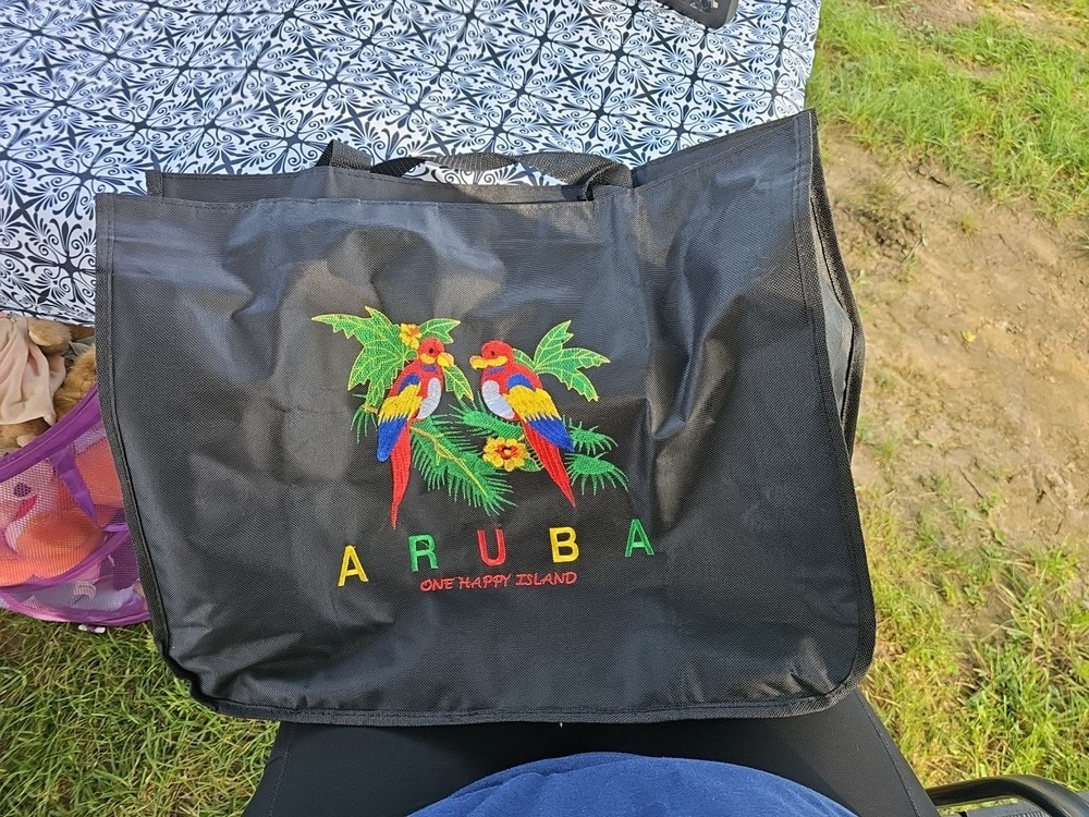 Aruba Parrot Beach Bag Embroidered Large Travel Zipper Black Tote Vacation
