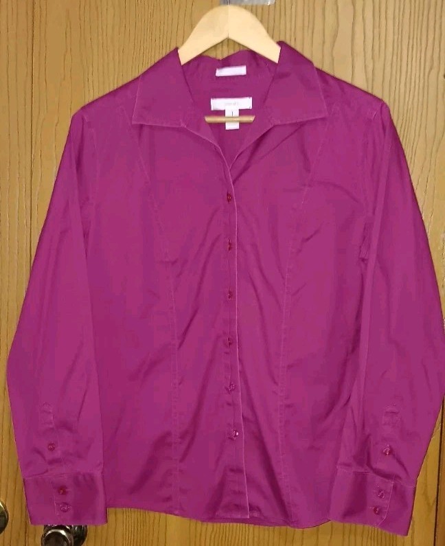 Chicos No Iron Long Sleeve Button Up Blouse Womens Size 1 Deep Pink Collar...