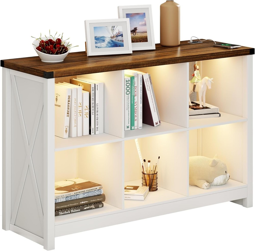 White Farmhouse 6 Cube Bookcase with Open Shelves and LED Lights