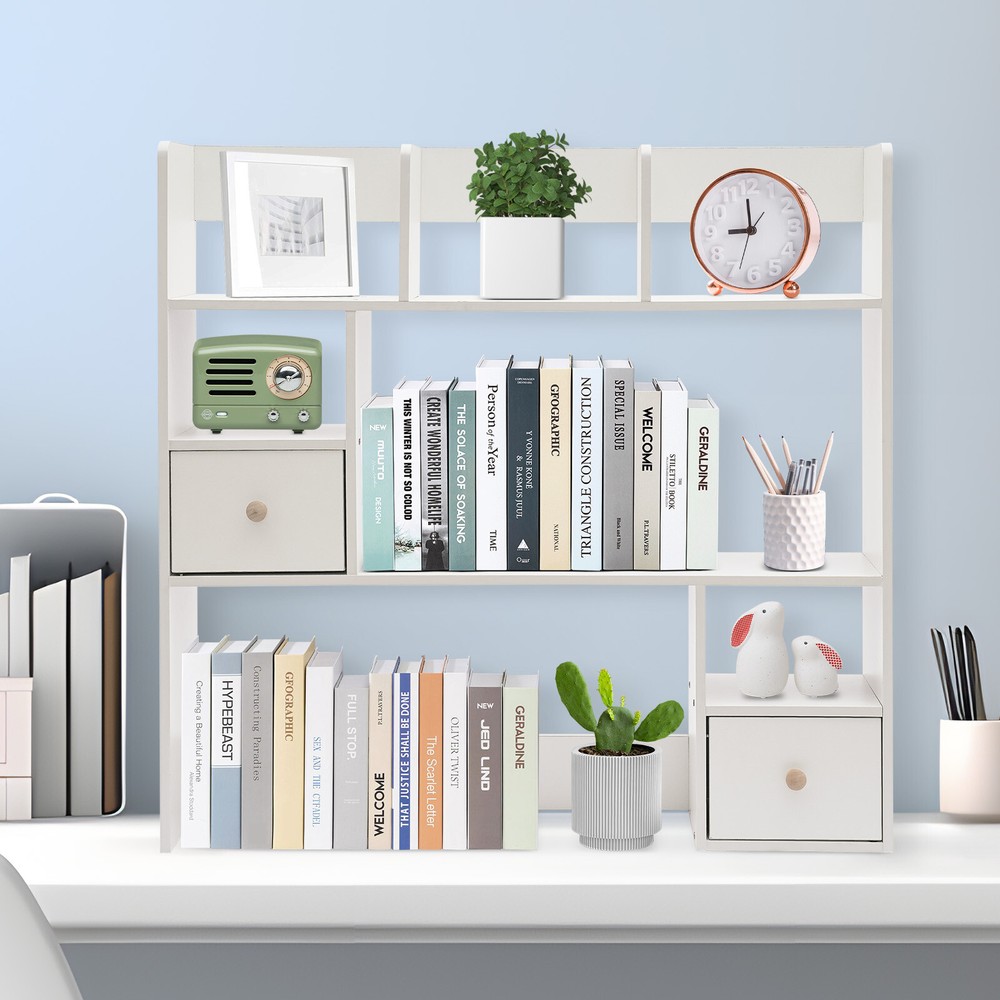 White 9-Slot Desktop Bookshelf - Home Office Storage Organizer