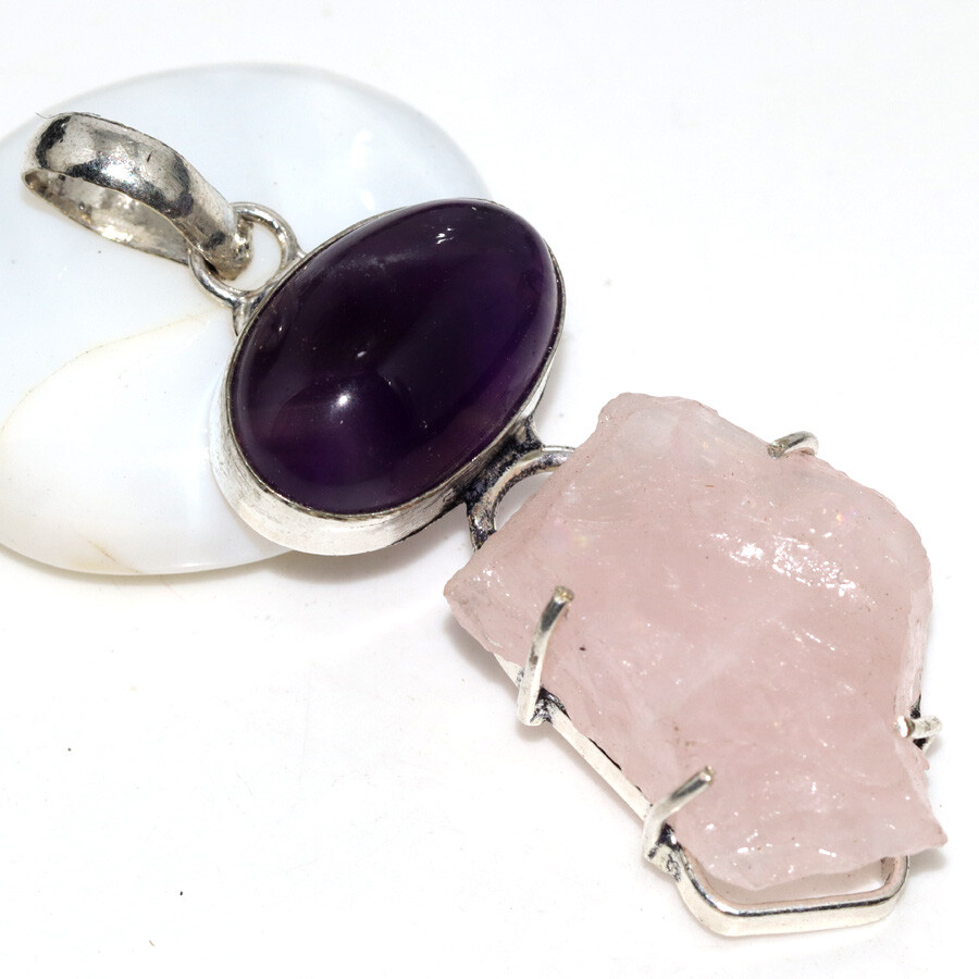 Rose Quartz Black Onyx 925 Silver Plated Long Pendant 2.2 Inch Jewelry