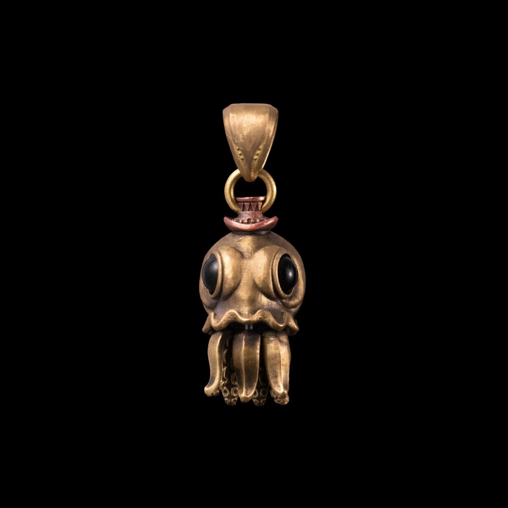Brass Octopus Kinetic Pendant with Black Agate Eyes. Fidget Jewelry Gift for Men