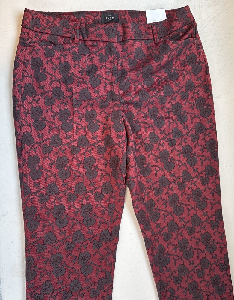 New W/Tags WHBM The Slim Ankle Pants Size 8R Red/Black Floral Jacquard   1
