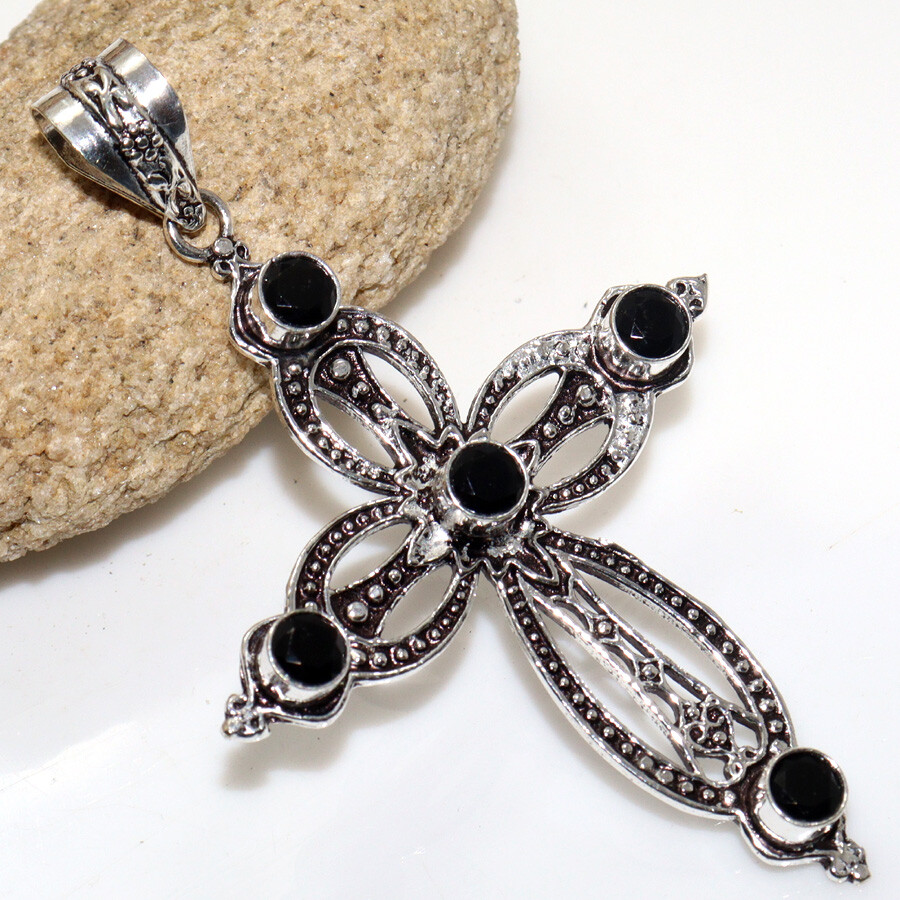 925 Silver Black Onyx Ethnic Cross Pendant Jewelry 3 Inches JW