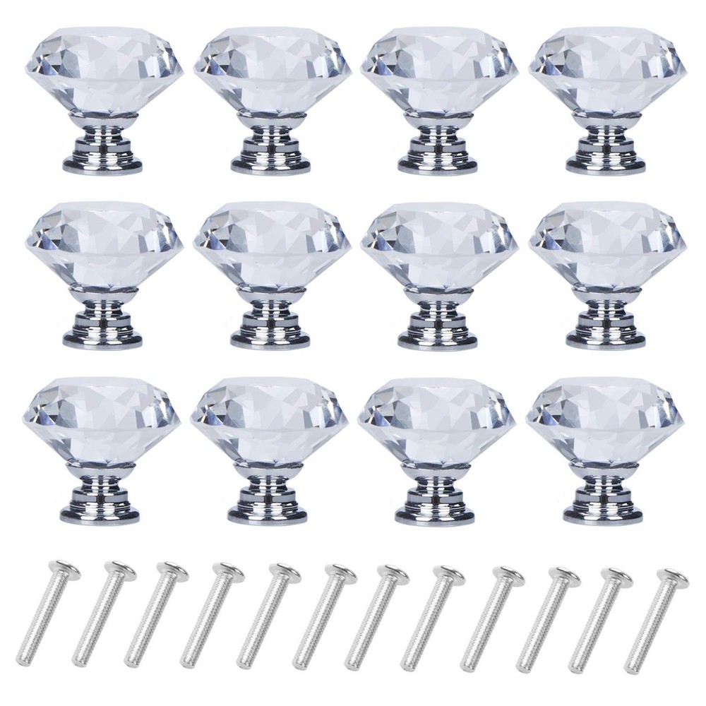 30mm Diamond Crystal Glass Cabinet Knobs - 12-Pack Drawer Handles & Pulls