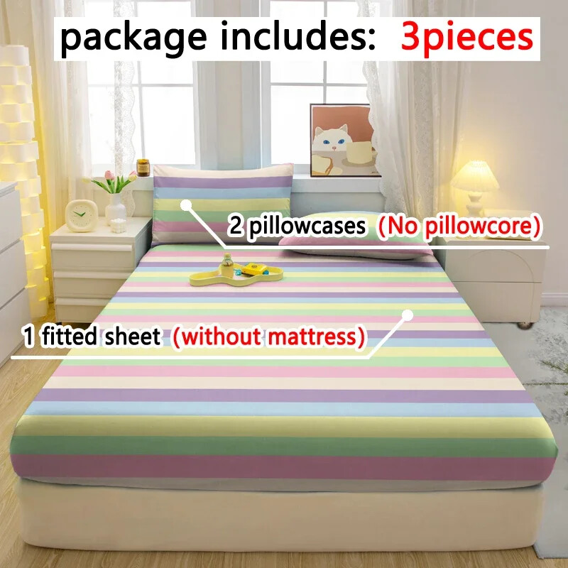 3-Piece Striped Matte Fitted Sheet Set with Printed Bed Cover