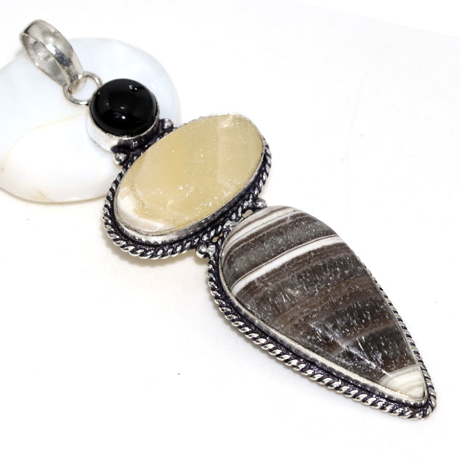 925 Silver-Plated Zebra Calcite Black Onyx Pendant 3.5
