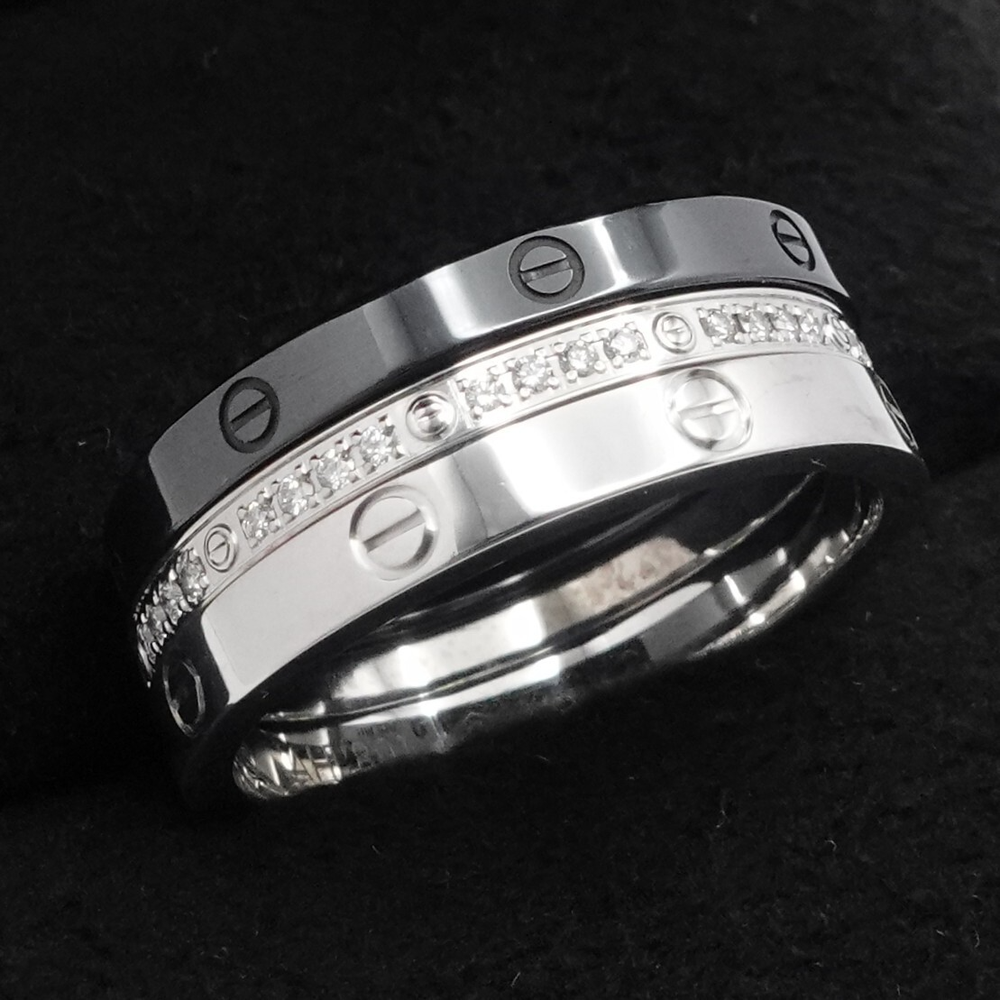 Cartier Love 18K White Gold Ceramic 3 Band Ring Set Size 58 US 8.25 with Box