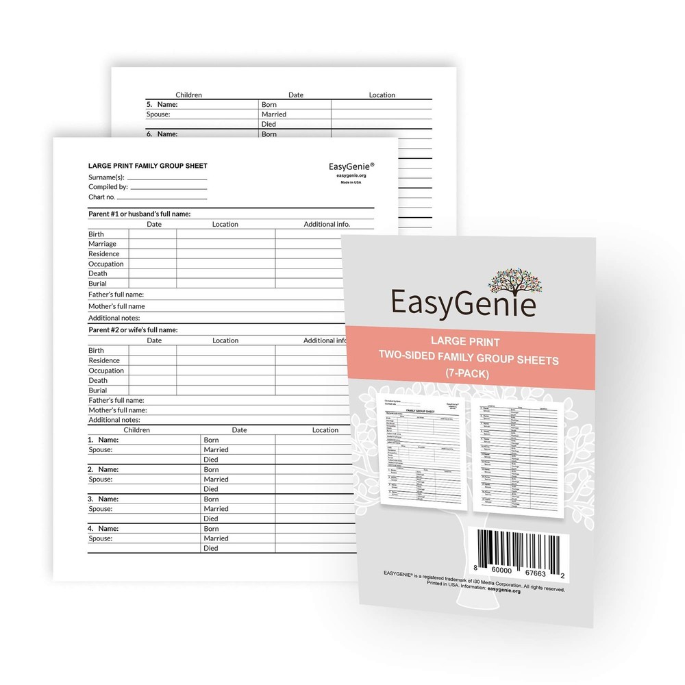 Large Print Two-sided Family Group Sheets for Genealogists (7-pack) By Easygenie