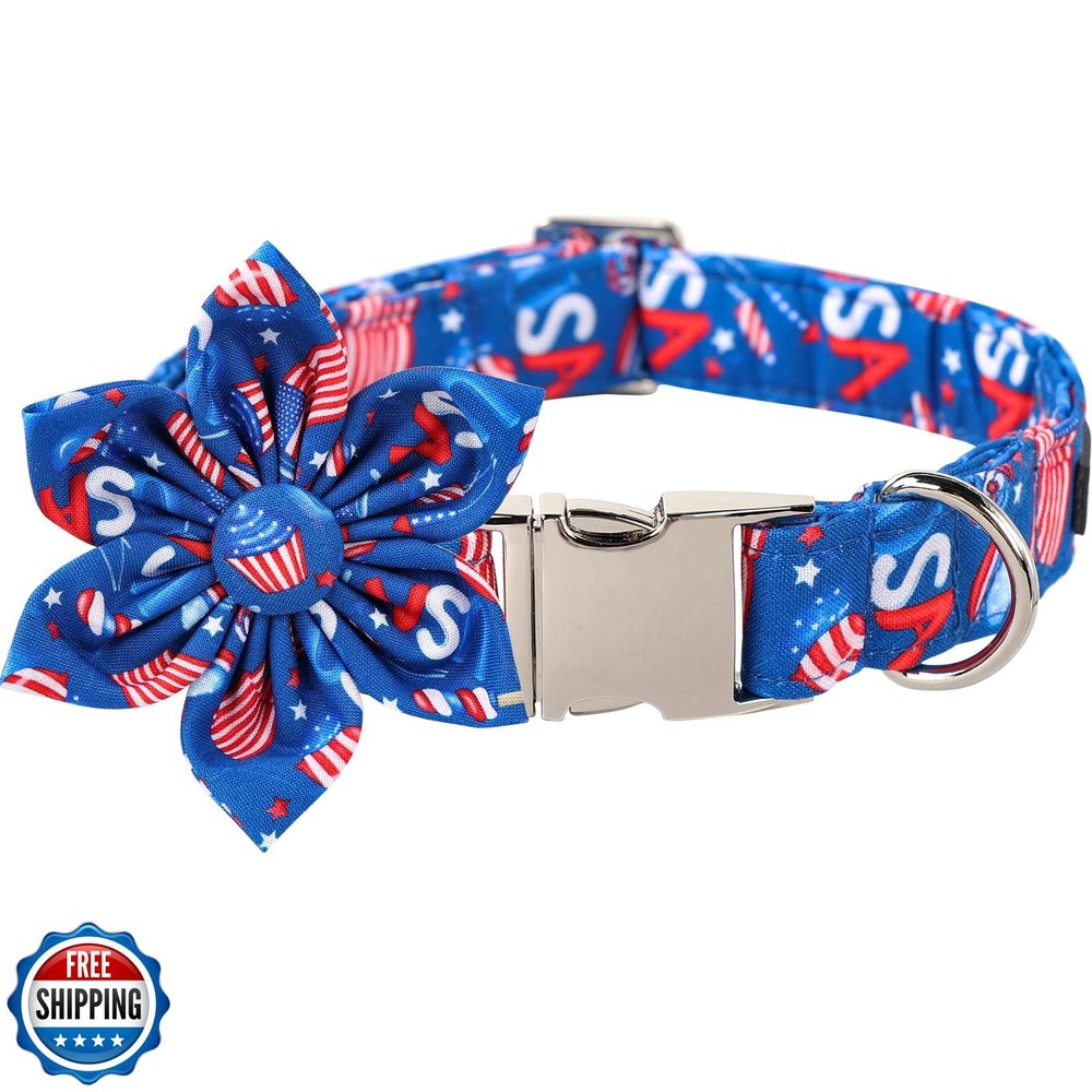 Patriotic Lionet Paws Dog Collar with Flower for 4th of July Soft Comfortable Female Pet Accessory