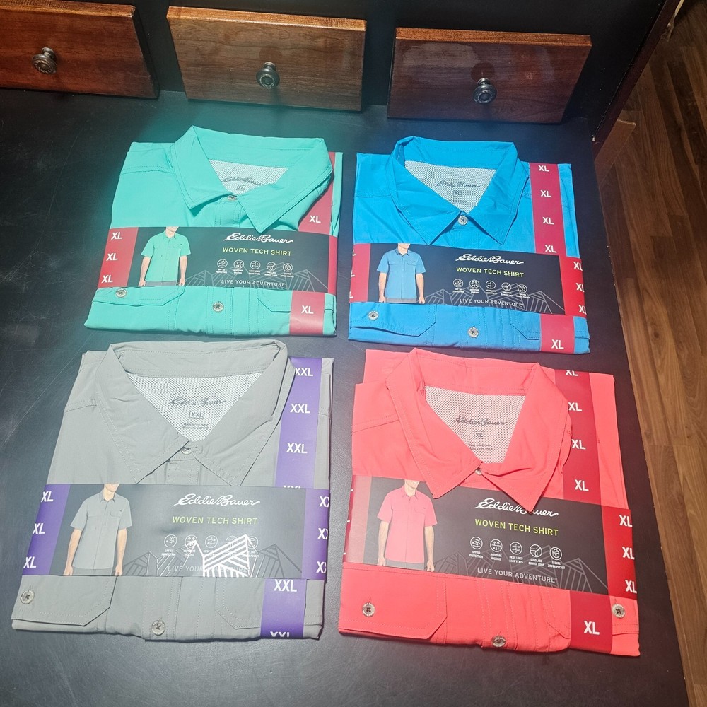 Eddie Bauer Tech Woven Shirt in S-XXL with UV Protection - Blue, Red, Grey, Green