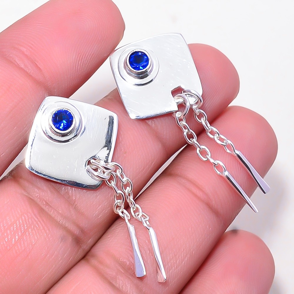 Blue Sapphire Simulated Gemstone 925 Sterling Silver Handmade Earring 1.72