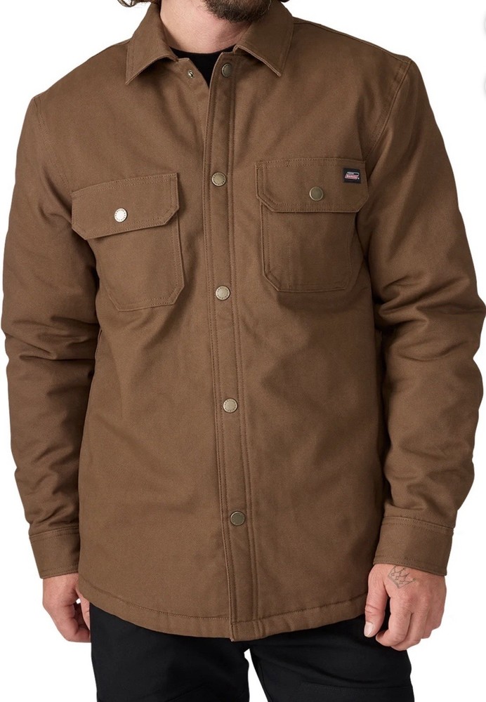 NWT Dickies Mens Flannel Lined Canvas Shirt Jacket Pockets Snap Timber Brown M