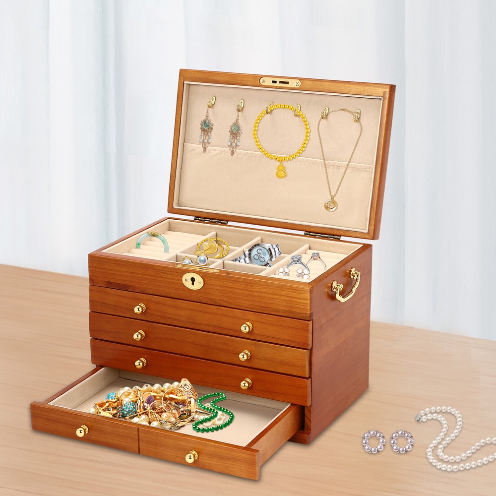 5-Layer Large Wooden Jewelry Storage Box Ring Necklace Organizer with 4 Drawers
