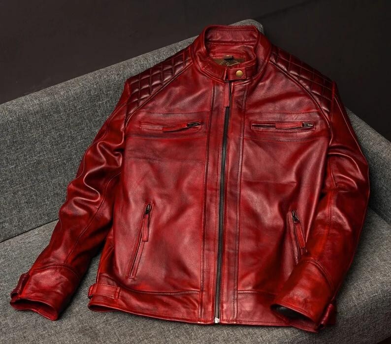 Men's Leather Jacket Handmade Biker Racing Genuine Leather Jacket Zipper Jacket
