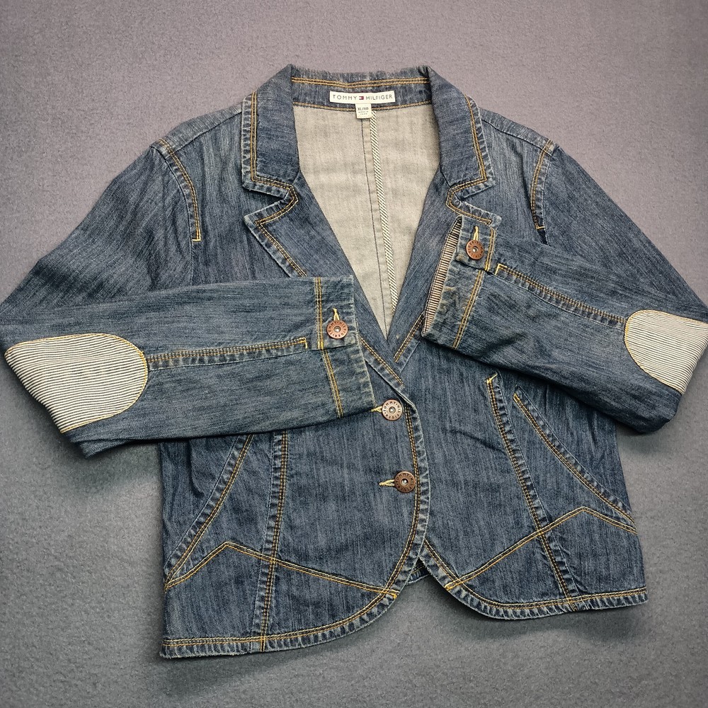 VTG Tommy Hilfiger Denim Blazer Womens XL Elbow Patches Two Button Jacket Y2K