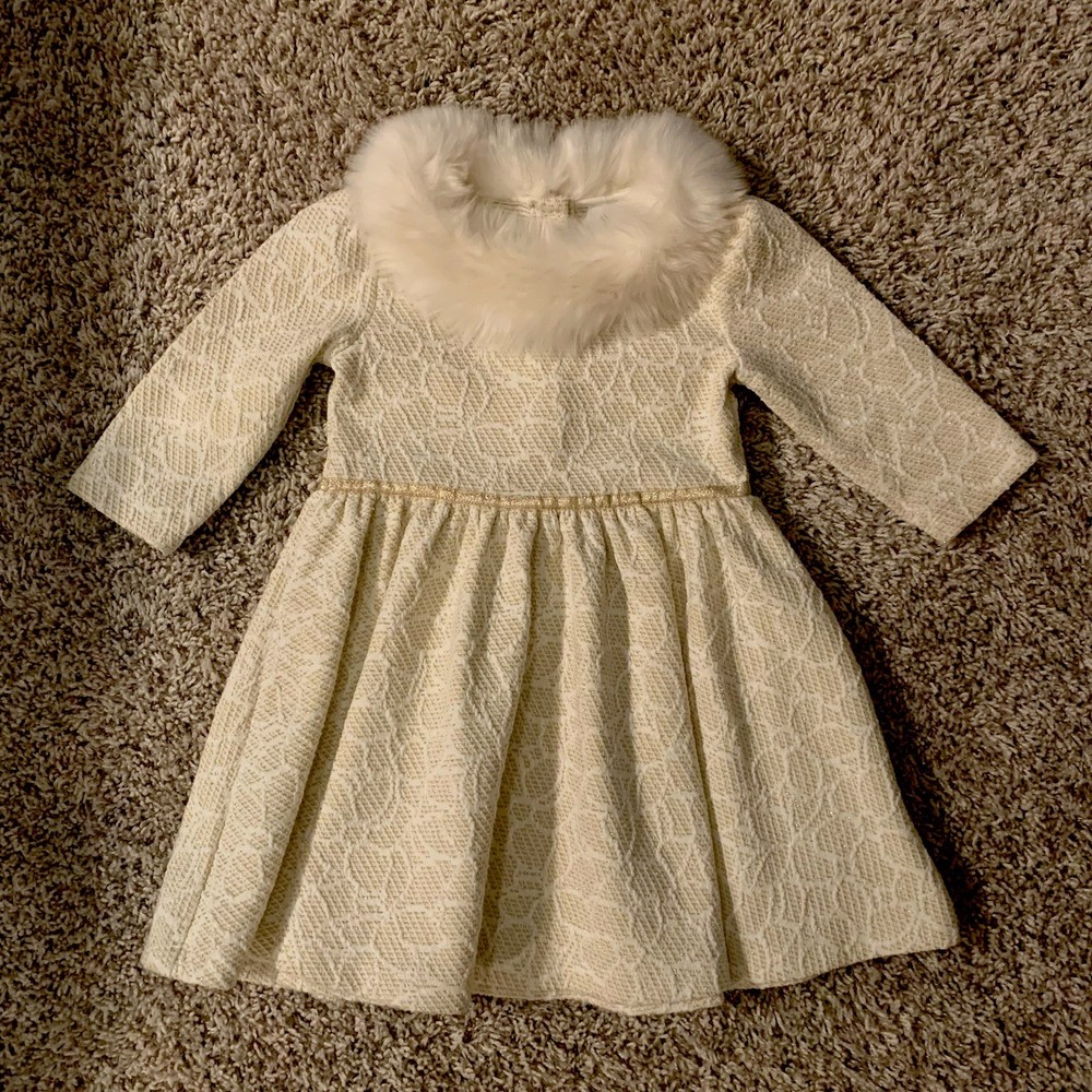 Janie and Jack Girls 3T Ivory Gold Fit & Flare Dress Faux Collar Holiday