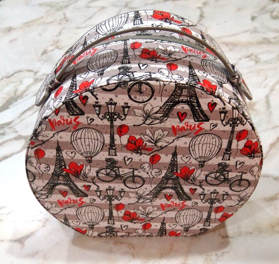 MAKEUP/JEWELRY/CARRY CASE W/HANDLE & INSIDE MIRROR, Paris Themed, 3/4 Round