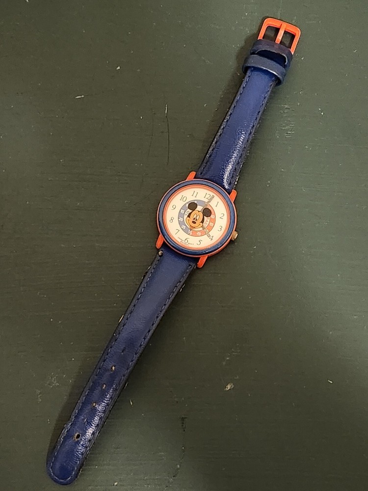 Vintage Disney Mickey Mouse Blue Bezel Red Case Blue Faux Leather Band Watch