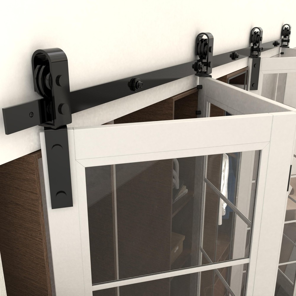 76-Inch Black Side-Mounted Bifold Sliding Barn Door Hardware Track Kit with Smooth Rollers