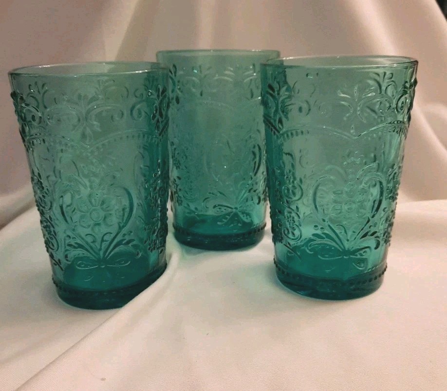 Pioneer Woman Amelia 16oz Teal Glass Tumblers Set of 3