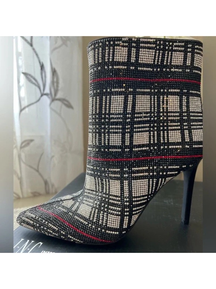 INC Womens Black Plaid Rhinestone Comfort Reisa Pointed Toe Stiletto Booties 5 M