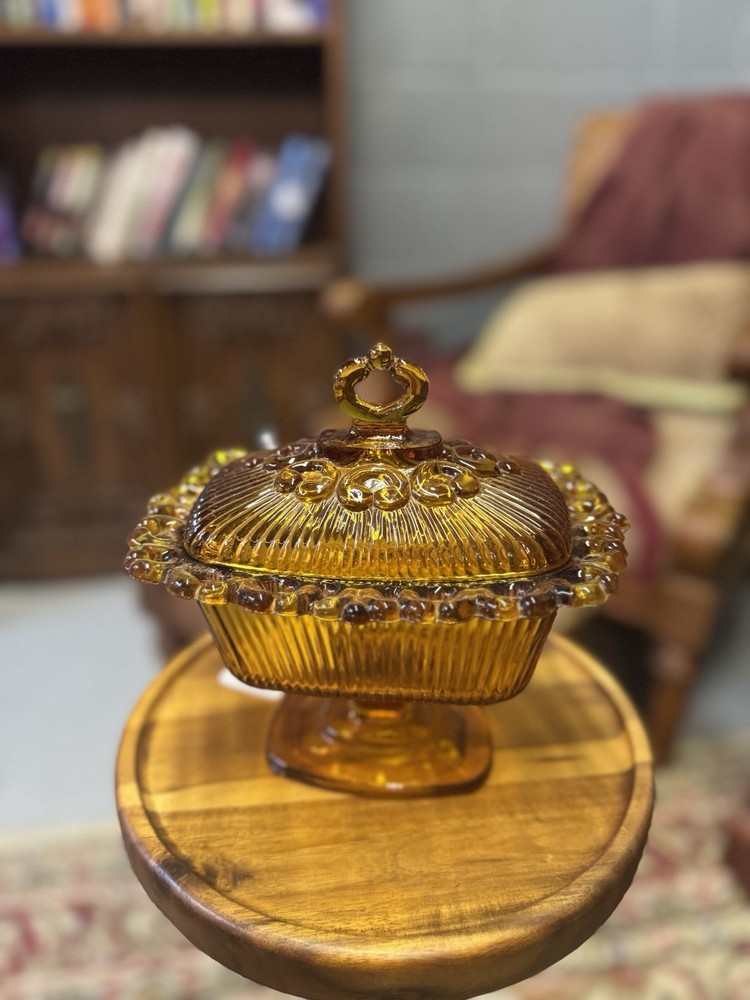 Vintage Indiana Open Lace Amber Glass Candy Dish with Lid on Pedestal