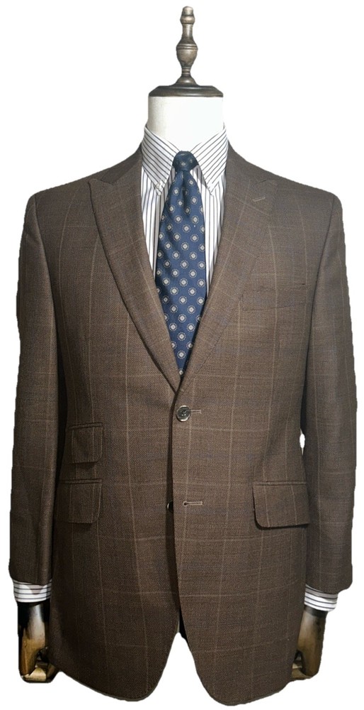 JACK VICTOR CUSTOM MADE CANVASSED Peak Lapel Wool Brown Check 38S 40S Sport Coat