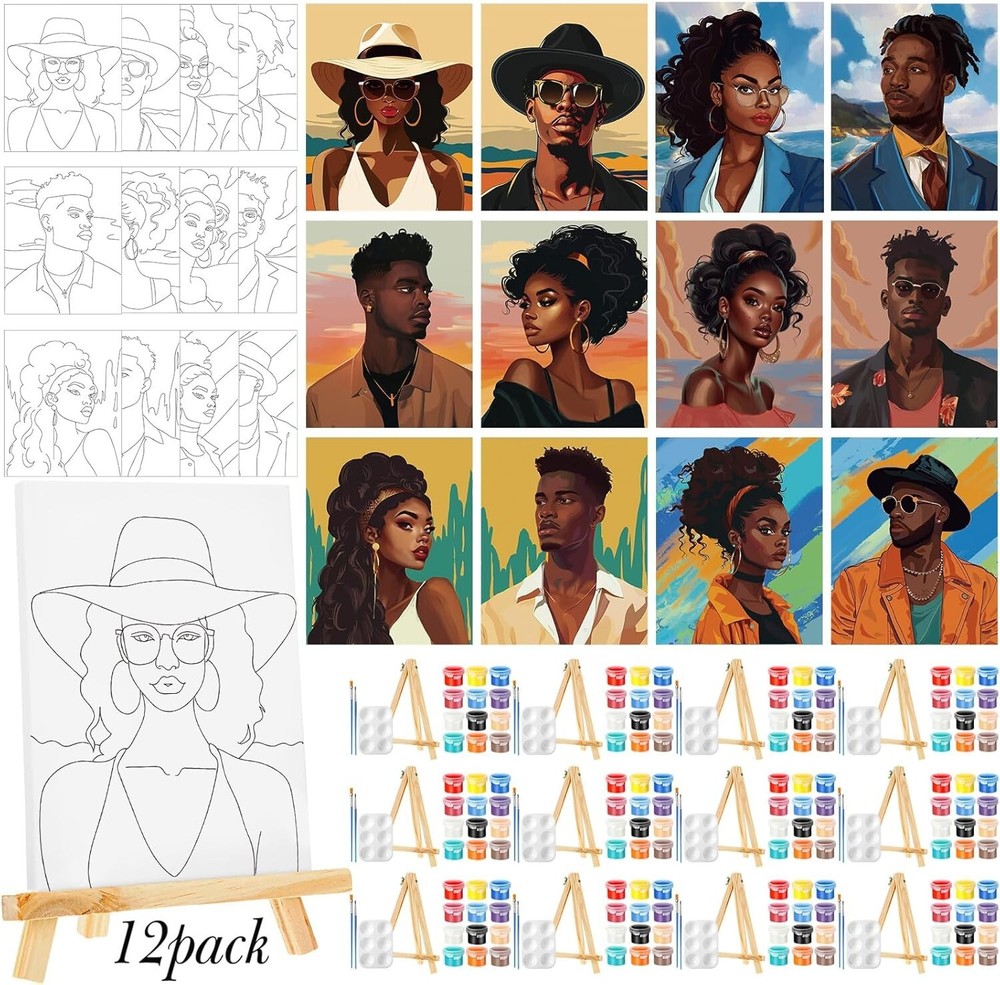 Creative Date Night: 12 Pack Pre-Drawn Canvases with Paints & Easels - 8x10