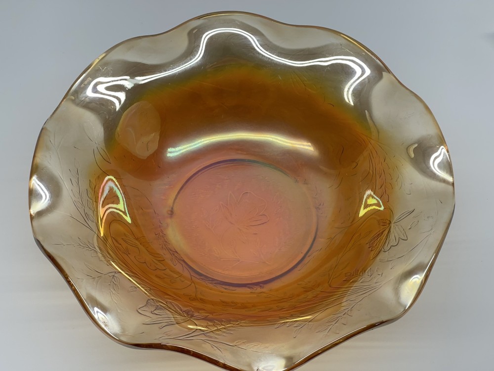 Carnival Glass Scalloped Bowl Floral Amberina Orange 9 Inch Bright Vintage