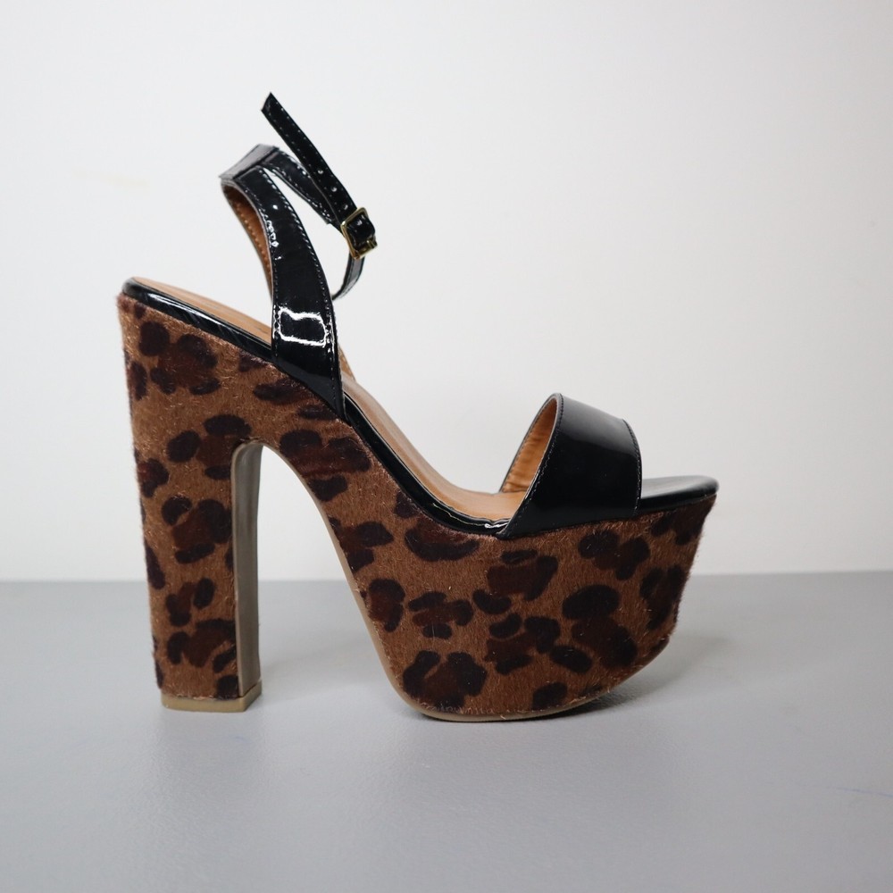 Bumper Black Patent & Leopard Print Platform High Heel Sandals Women’s Size 7