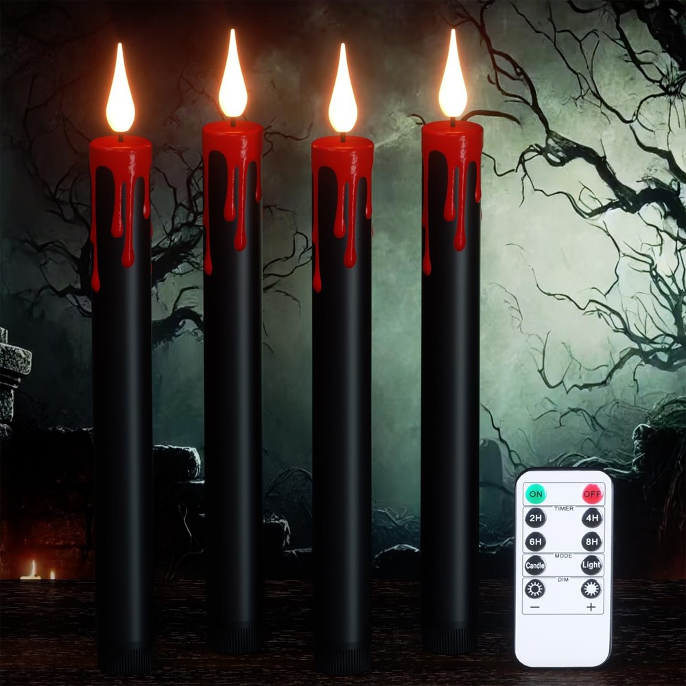 Halloween Black Flameless Taper Candles with Remote Timer and Battery Operation