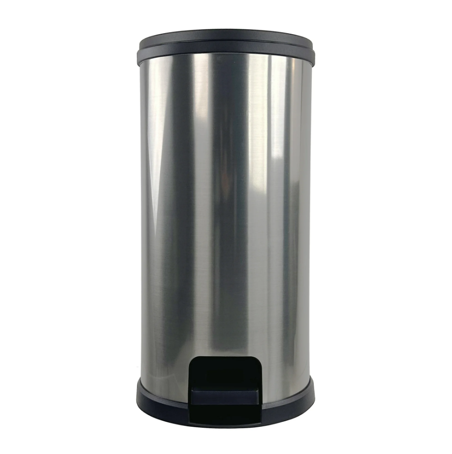 Durable 7.9 Gallon Round Plastic Peddle Step Kitchen Trash Can, Silver