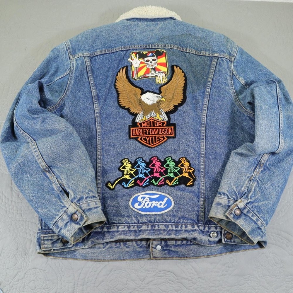 Levis Sherpa Trucker Jacket Custom Patches Denim Grateful Dead Harley Ford 80s