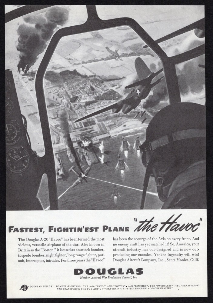 1942 Douglas Fastest Fightin-est Plane A-20 Havoc Vicious Scourge Axis Print Ad