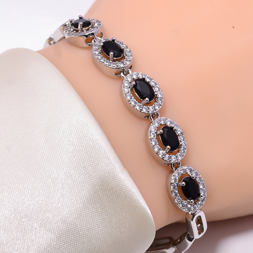 Black Onyx & Cubic Zirconia 925 Sterling Silver Tennis Bracelet 7