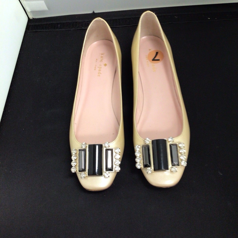 kate spade new york Beige Leather Flats Rhinestone Bow Accent Women's Shoes