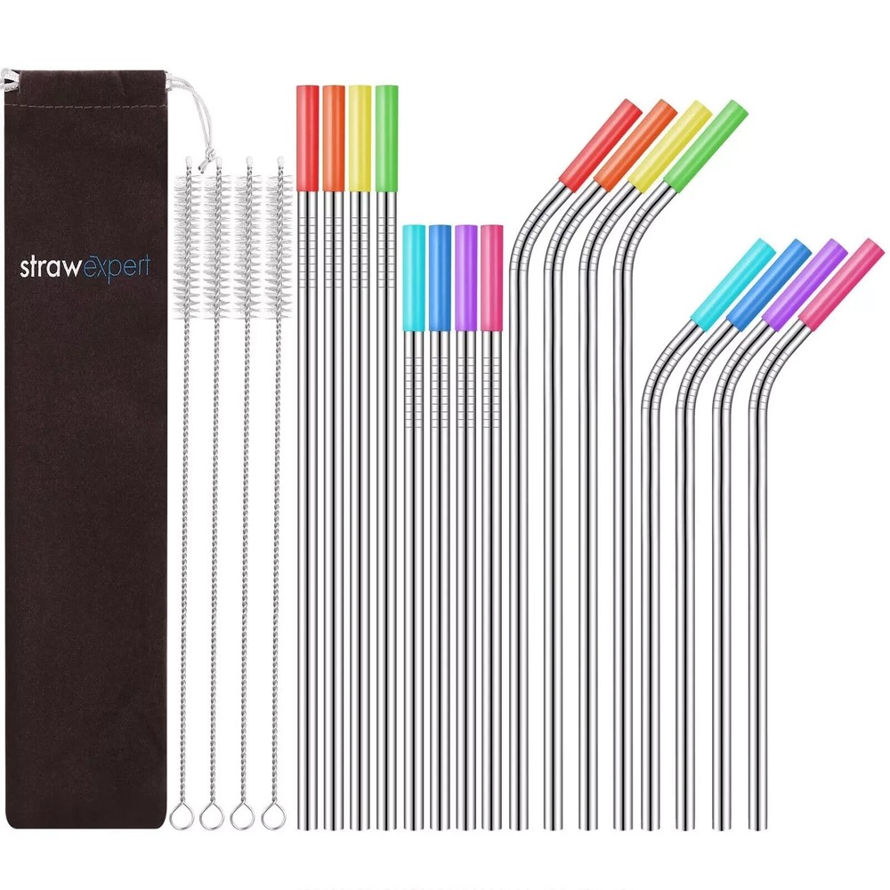 16 Stainless Steel Straws Set with Case and Cleaning Brush - Reusable & Travel-Friendly